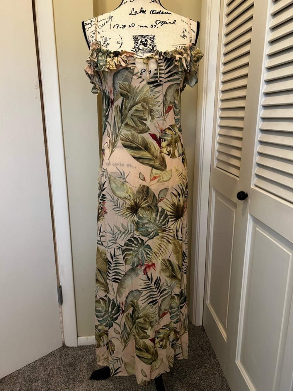 STAUD Tropical Print Maxi Dress in beige and Green